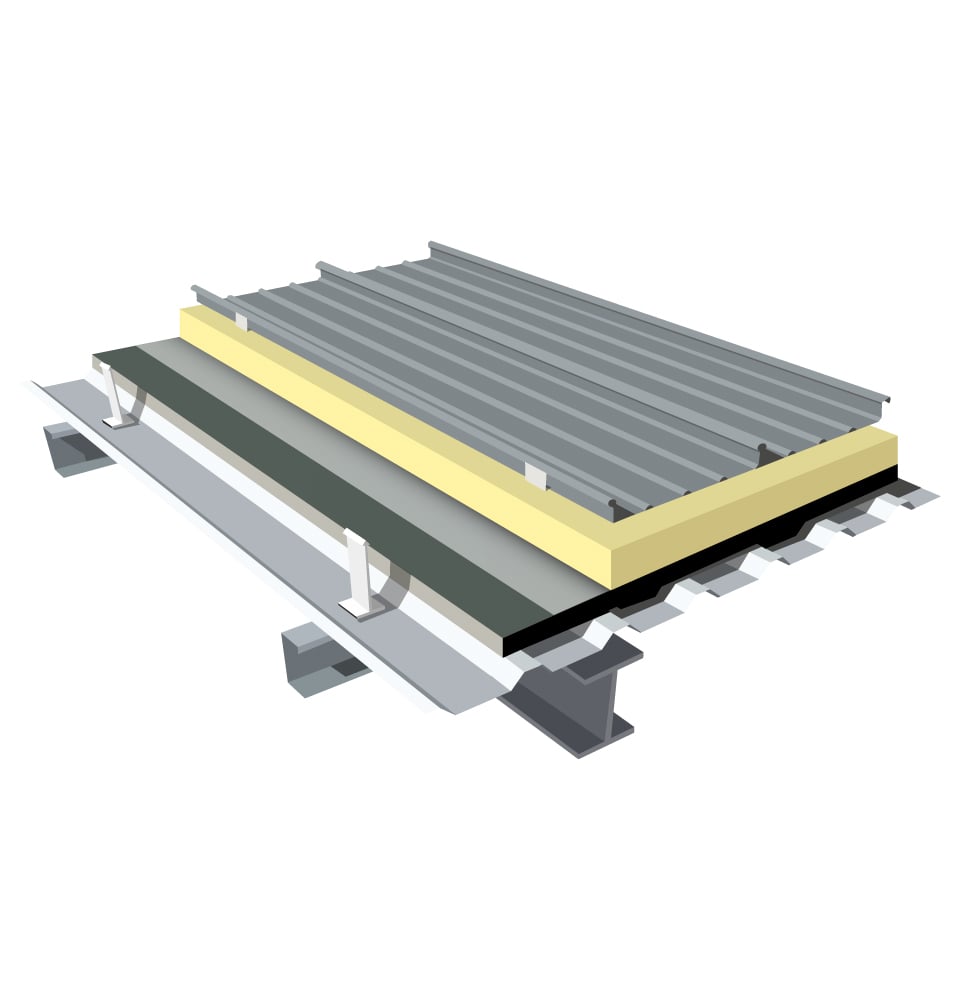Architectural rendering of a modern commercial structure with a standing seam metal roof system, featuring vertical metal panels, clean roof lines, and contemporary exterior design.