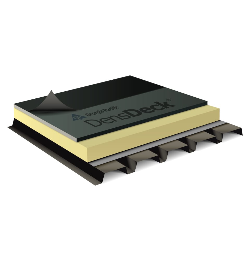 3D rendering of a modern low-slope commercial roofing assembly featuring layered roofing components and DensDeck roof board installed beneath the roof membrane system.