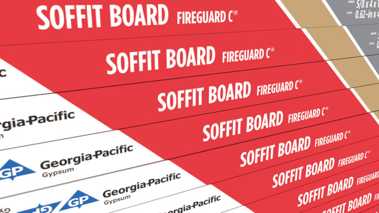 ToughRock® Fireguard C® Soffit Board product rendering - detailed image of the tape which is vertical stipes that are brown, red, white, red, brown, gray, white  