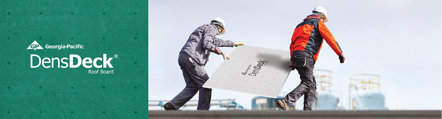 DensDeck® Roof Board construction person on the roof DensDeck Prime Roof Board is laid on the roof