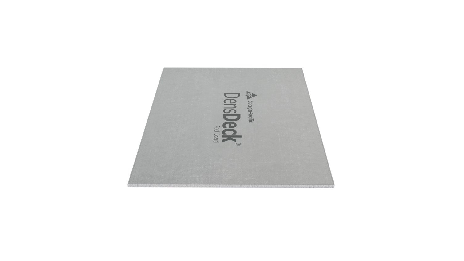 Product photo of a rectangular DensDeck® Roof Board with a light gray textured surface shown flat on a white background.