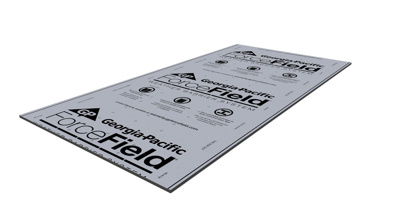 Product Rendering of the ForceField Sheathing Panel in the color gray facing forward