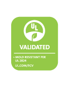UL Validated Mold Resistant GreenGuard certification logo indicating this product meets UL’s independent mold resistance and low chemical emissions standards. 