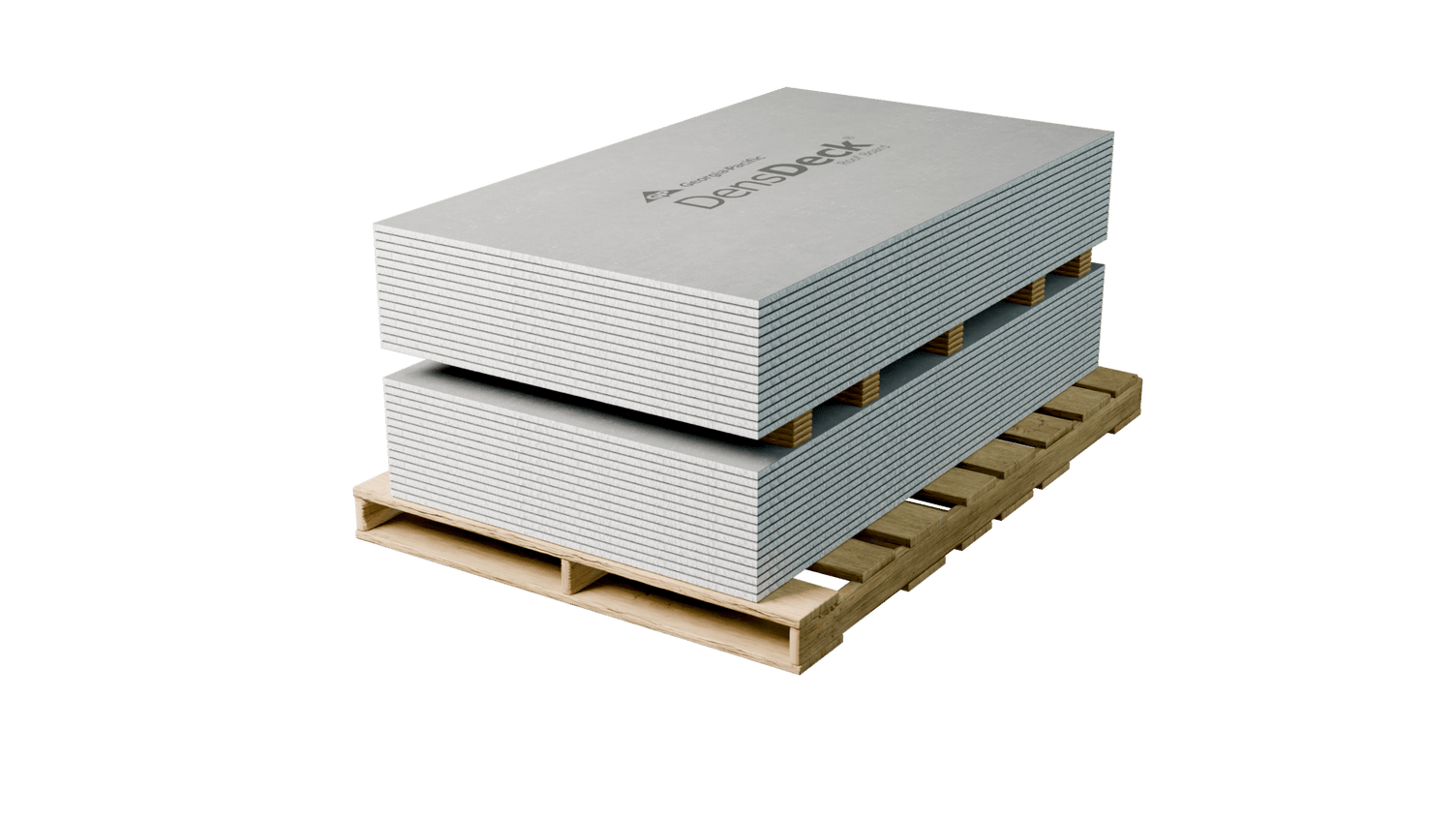 Several pallets loaded with multiple gray gypsum-based DensDeck® Roof Board panels, wrapped and arranged in a warehouse or storage area, showing ready-to-install commercial roof board material.