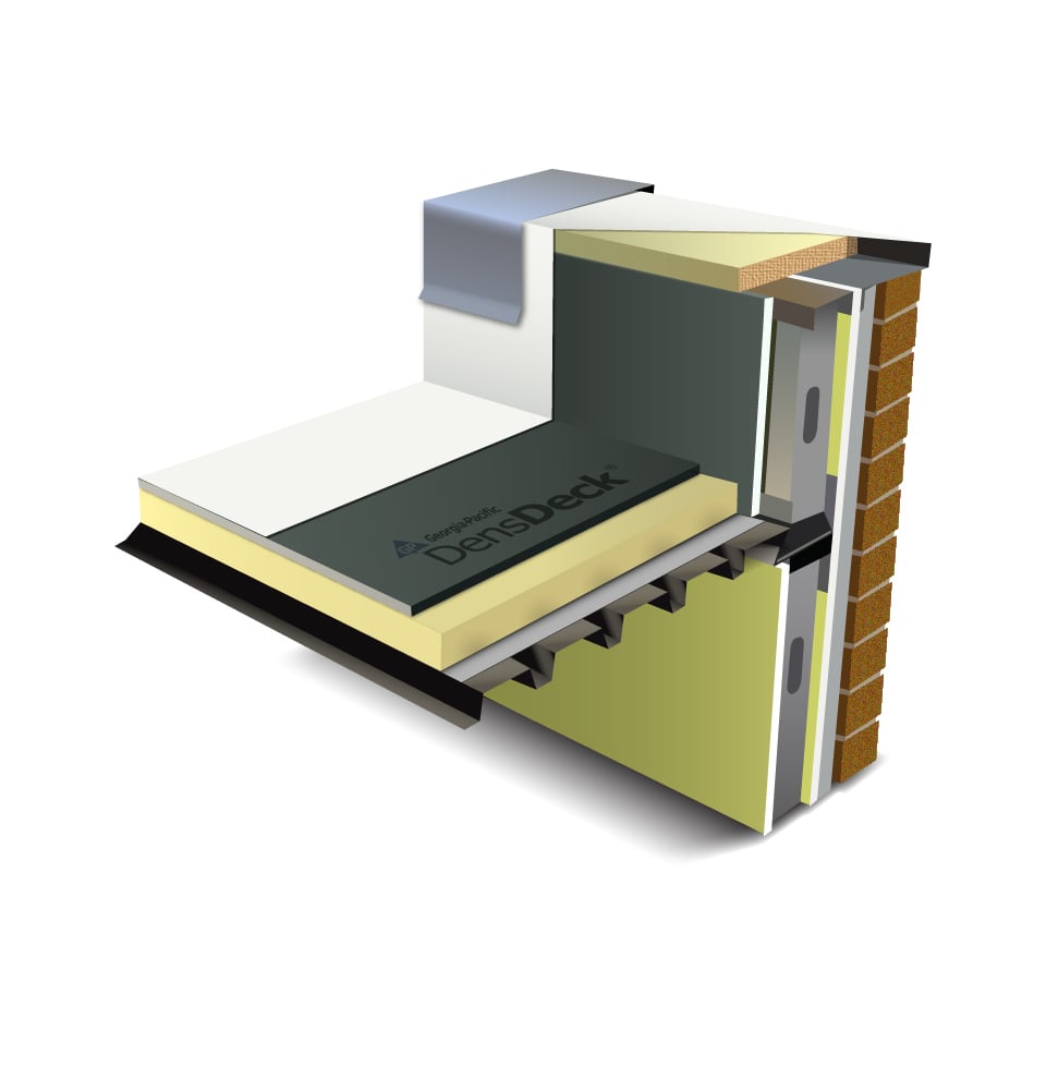 3D architectural rendering of a commercial low-slope roof assembly featuring DensDeck roof board with a parapet wall detail, showing layered roofing components and edge protection on a modern building structure.