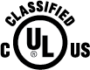 UL Classified Logo - UL in black circle with white background. The word classified is  arched over the top of the circle. The letter C is on the left side and the words 'us' is on the right side