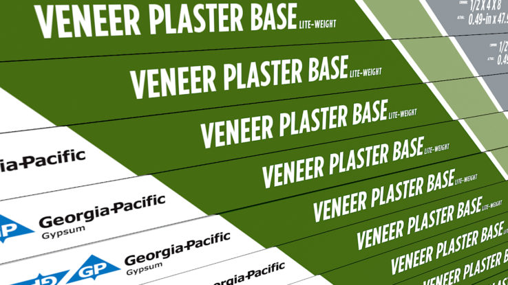 ToughRock Lite-Weight Veneer Plaster Base product rendering - close up image of the  tape which is vertical lines in the color light green, green, white, green, light green and gray