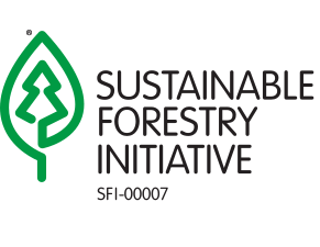 SFI Certification logo featuring a green tree-shaped checkmark with the text "SFI Certified Sourcing" and "www.sfiprogram.org" indicating sustainable forestry certification. 