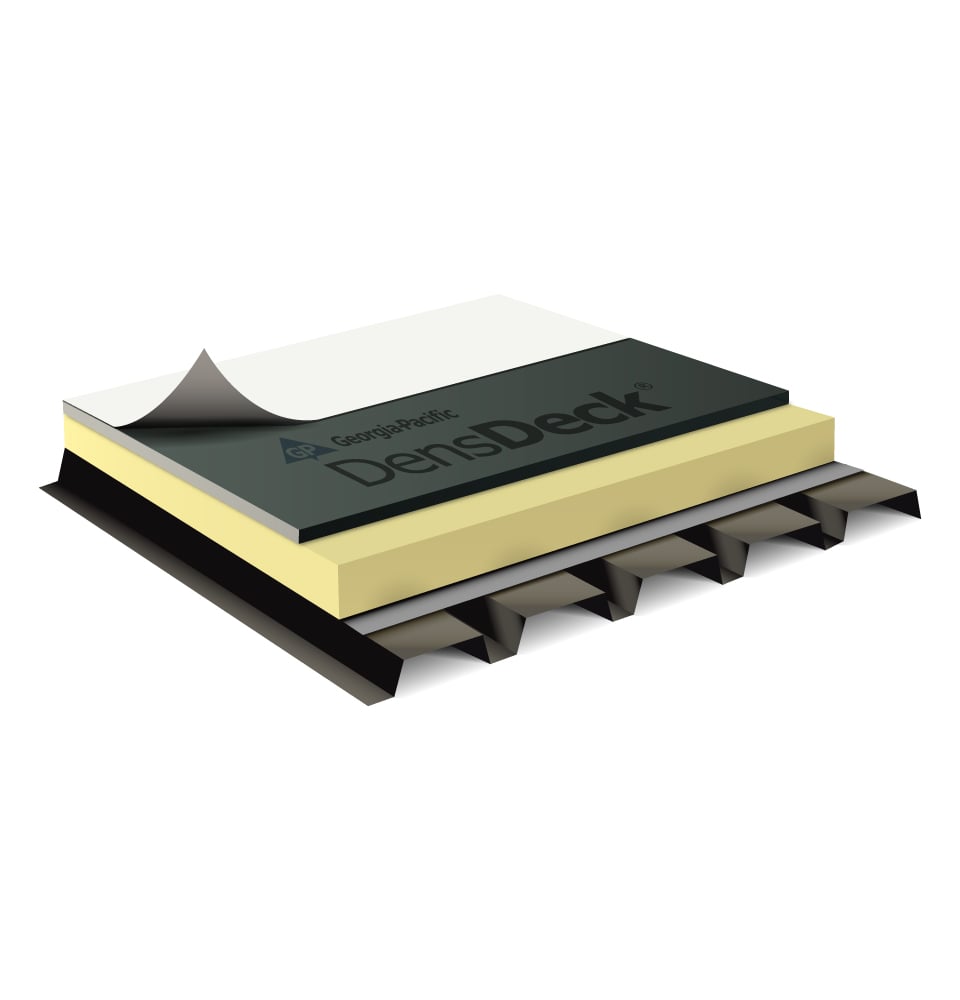 3D rendering of a commercial single-ply roofing system featuring layered roof assembly components with DensDeck roof board installed beneath a white membrane roof on a modern building structure.