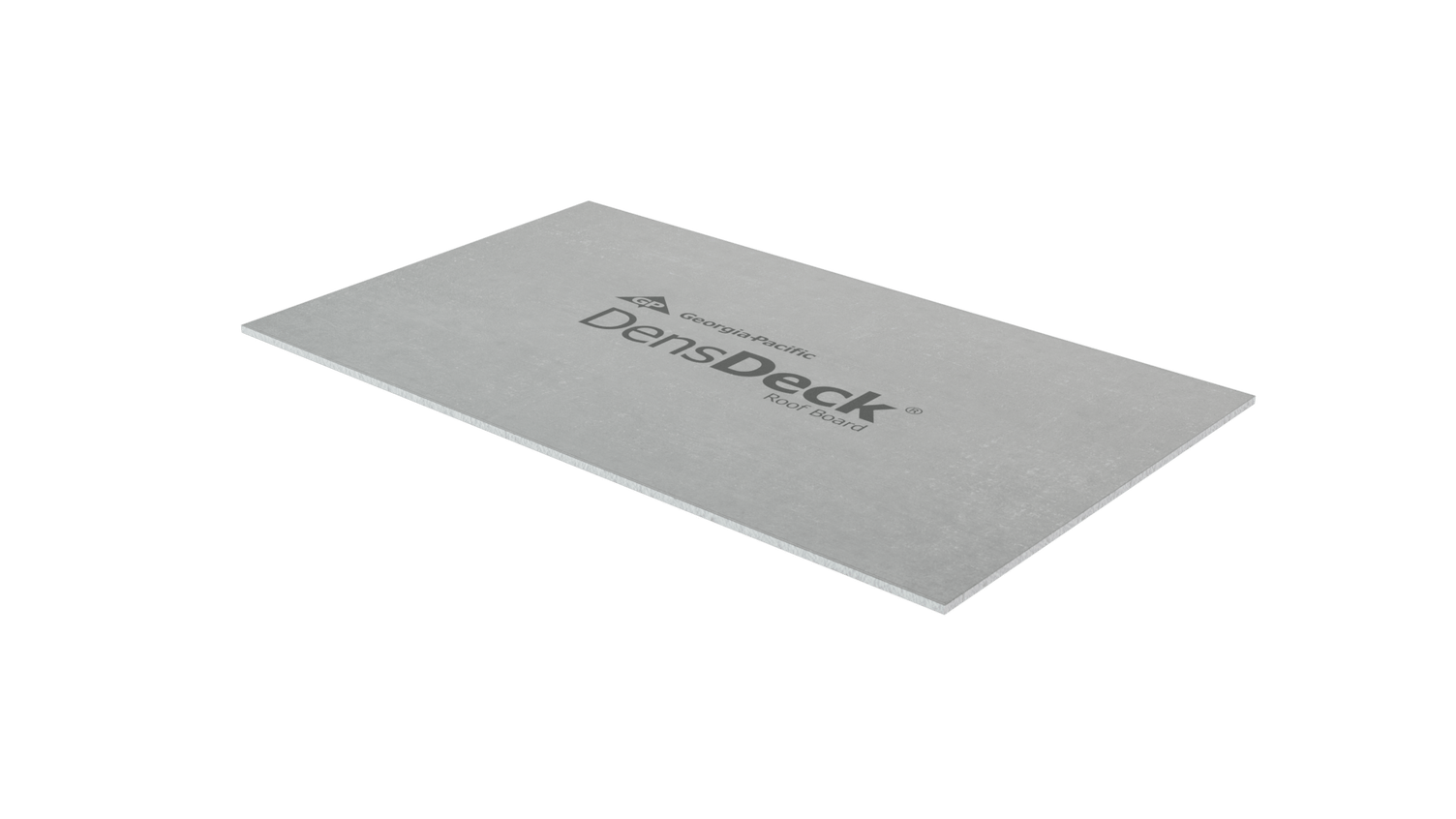 Photo of one rectangular DensDeck® Roof Board panel featuring a light gray fiberglass-mat-faced surface, representing a rigid roofing cover board used in commercial flat roof assemblies.