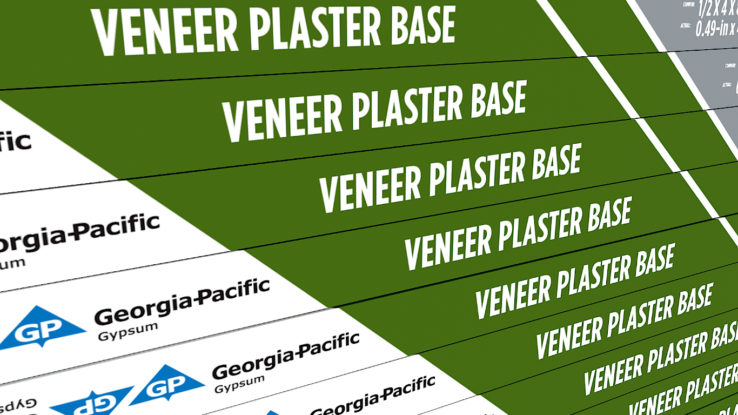 ToughRock Veneer Plaster Base product rendering - close up view of the panels and tape. The has vertical stipes in the colors green, white and gray