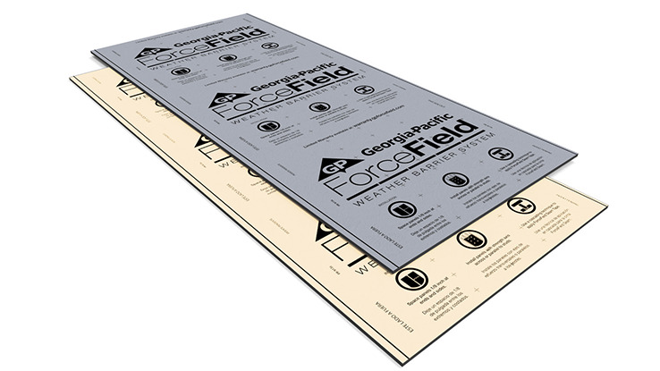 Product Rendering of ForceField Sheathing Panels stacked in the colors ivory and gray facing towards the left 