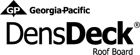 The logo uses graphical text to spell out “DensDeck” in white with a registered trademark symbol. The line below, starting at the second D, says “Roof Board” in smaller, white text. The line above has the smaller letters “GP” in a white triangle with an extra small point at the bottom middle, and “Georgia-Pacific” in white text next to it.